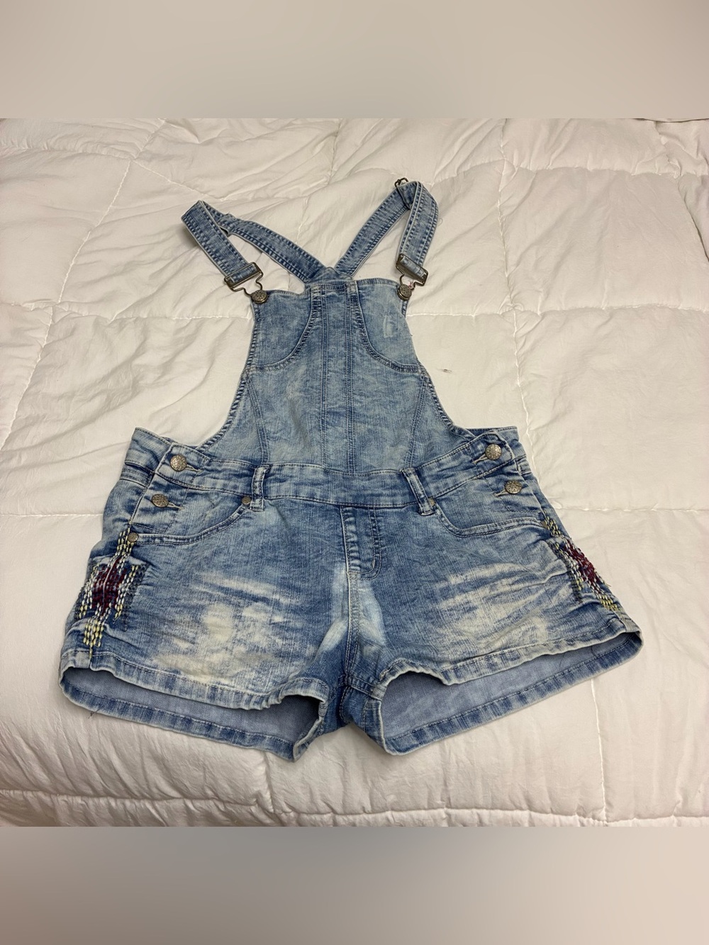 Blue Spice Embroidered Denim Overalls Shorts